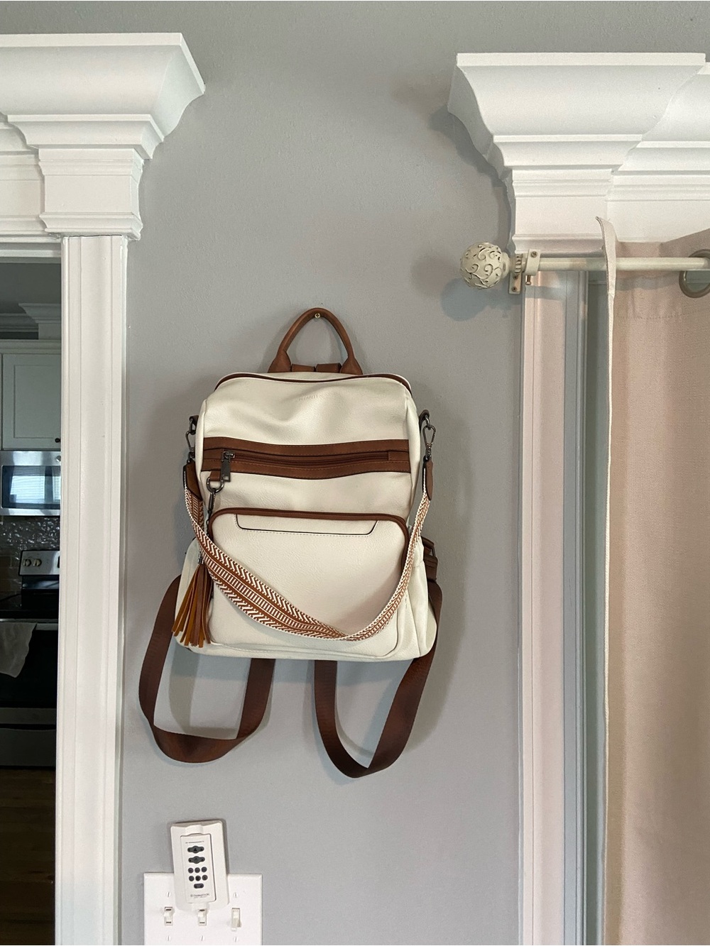 Cream and Brown leather gender neutral Backpack with Tassel Accent & wallet